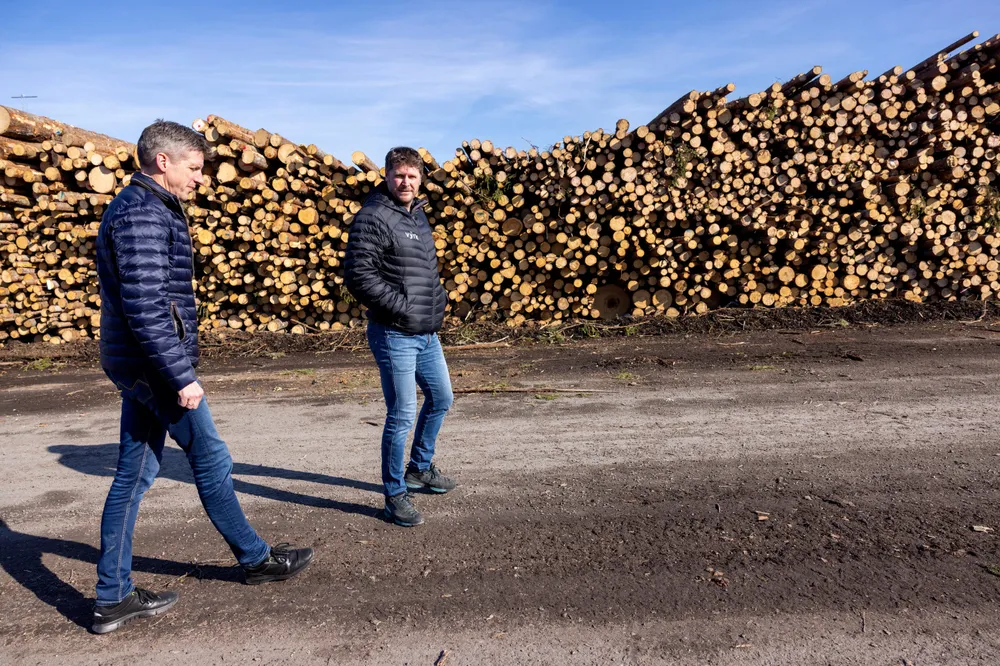 Næringssjef Erik Habberstad i Stange kommune (t.v.) og gründer Steinar Lyseng i Vyrk på tomten på Sørli hvor det planlegges å bygge et stort industrianlegg. – Her kan vi frakte våre produkter med tog, sier Lyseng.