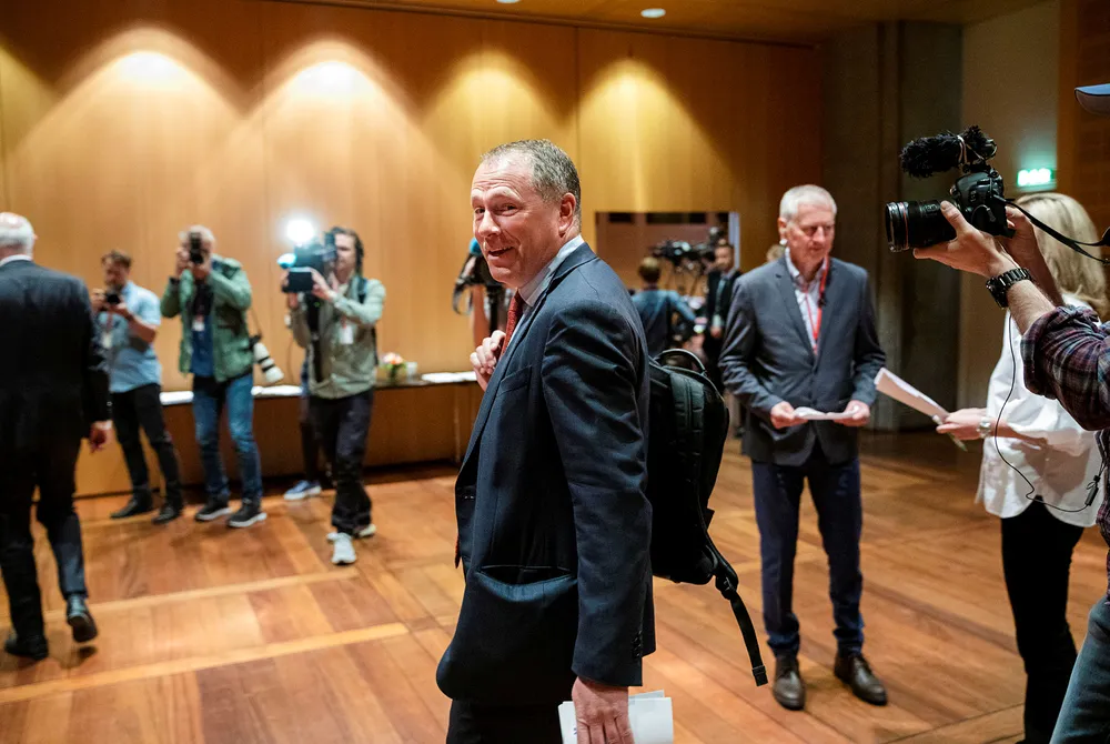 Nicolai Tangen på torsdagens pressekonferanse om ansettelsesavtalen han har inngått med Norges Bank.