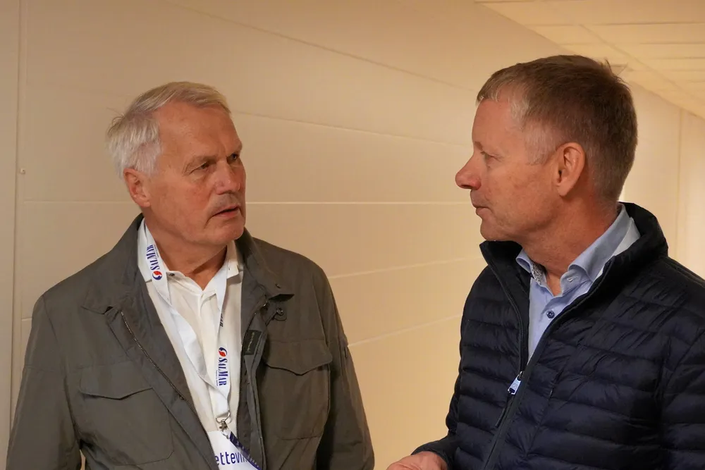 SalMar Chairman Gustav Witzoe (left) in conversation with Bjorn Hembre, CEO of Iceland's largest salmon farm and SalMar subsidiary Icelandic Salmon.