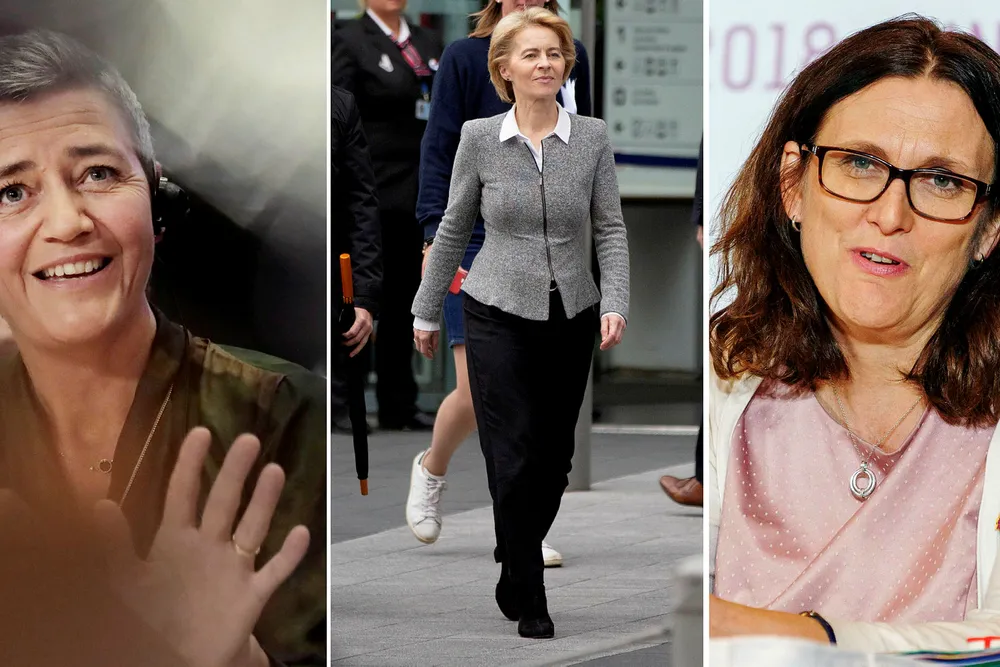Europakommisjonens nye president Ursula von der Leyen (i midten), visepresident Margrethe Vestager (til venstre) og avtroppende handelskommissær Cecilia Malmström vil øke EUs makt.