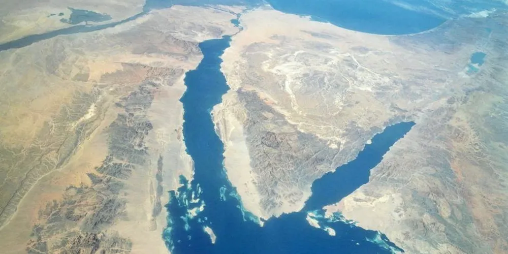 A satellite image of the Sinai Peninsula and the Red Sea, where Houthi forces have attacked commercial shipping.