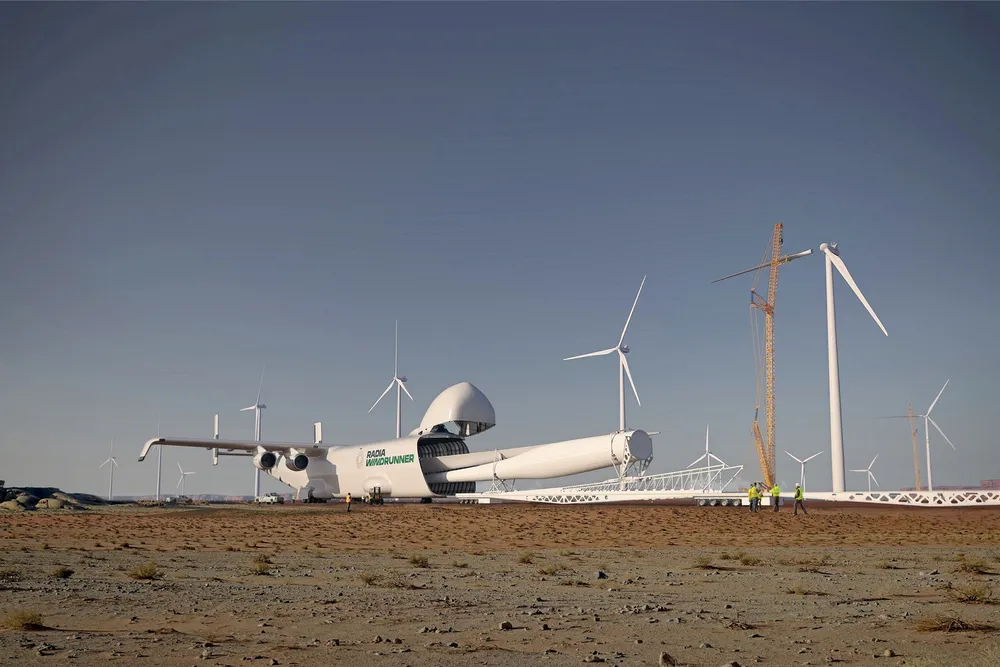 How a WindRunner aircraft would unload a turbine blade on site.