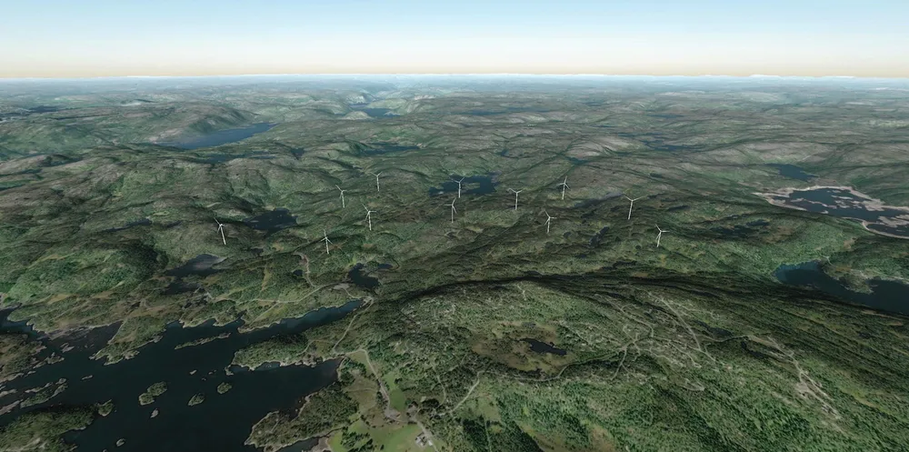 Illustrasjon av hvordan Gautestad Vindpark kunne ha sett ut fra lufta.