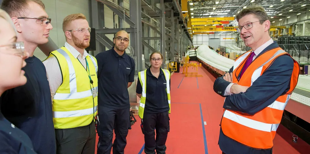 Greg Clark talks to employees at the Siemens plant in Hull