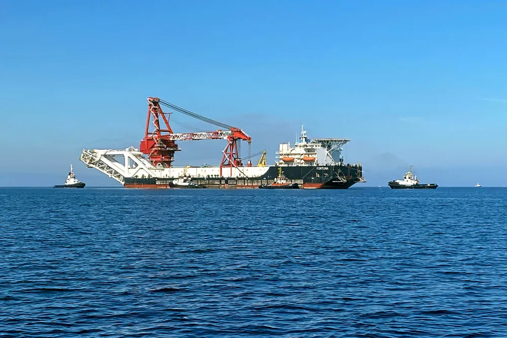 Summer break: Russian pipelay barge Fortuna seen in the Baltic Sea on its way to lay pipes in the Danish maritime sector. With the vessel under the US sanctions, it is unlikely to see any new job in coming months.
