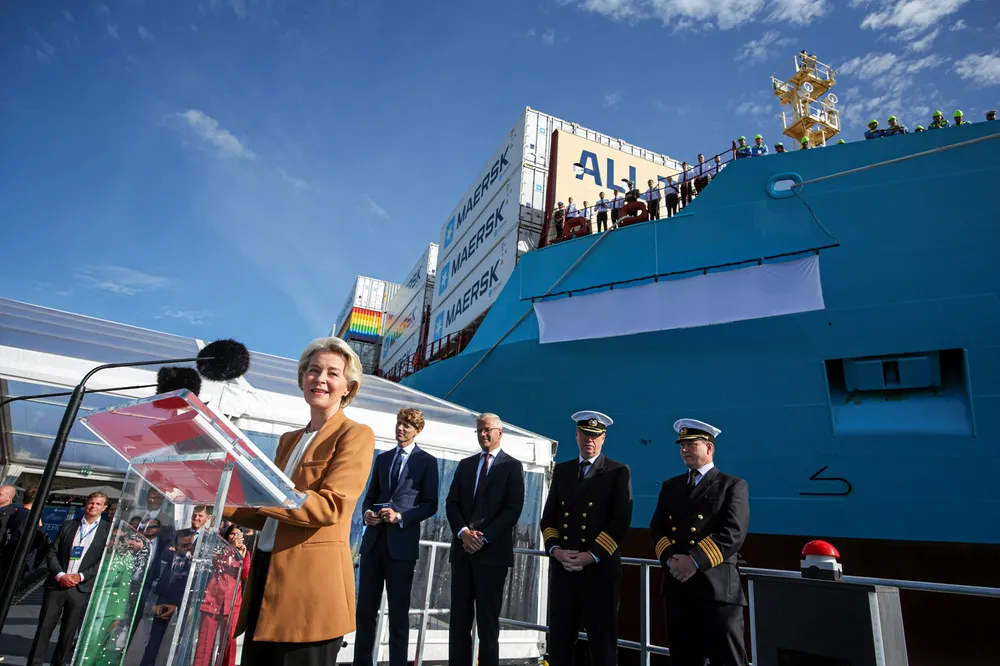 European Commission president Ursula von der Leyen speaking at the inauguration of the Laura Maersk, the first containership capable of running on green methanol.