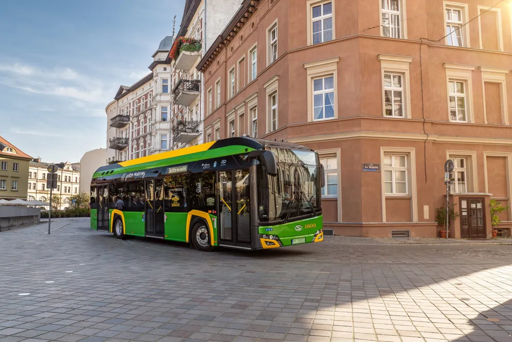 One of MPK Poznan's 25 Solaris Urbino 12 fuel-cell buses on the streets of Poznan.