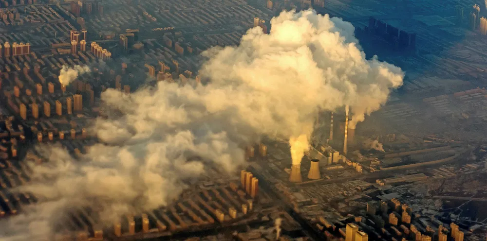 Aerial view of chimneys billowing out smoke and steam in December 2016 in Changchun, China