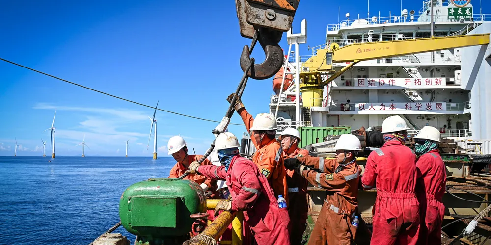 Aerial view of the construction site of an offshore wind farm in Yangjiang, Guangdong Province.