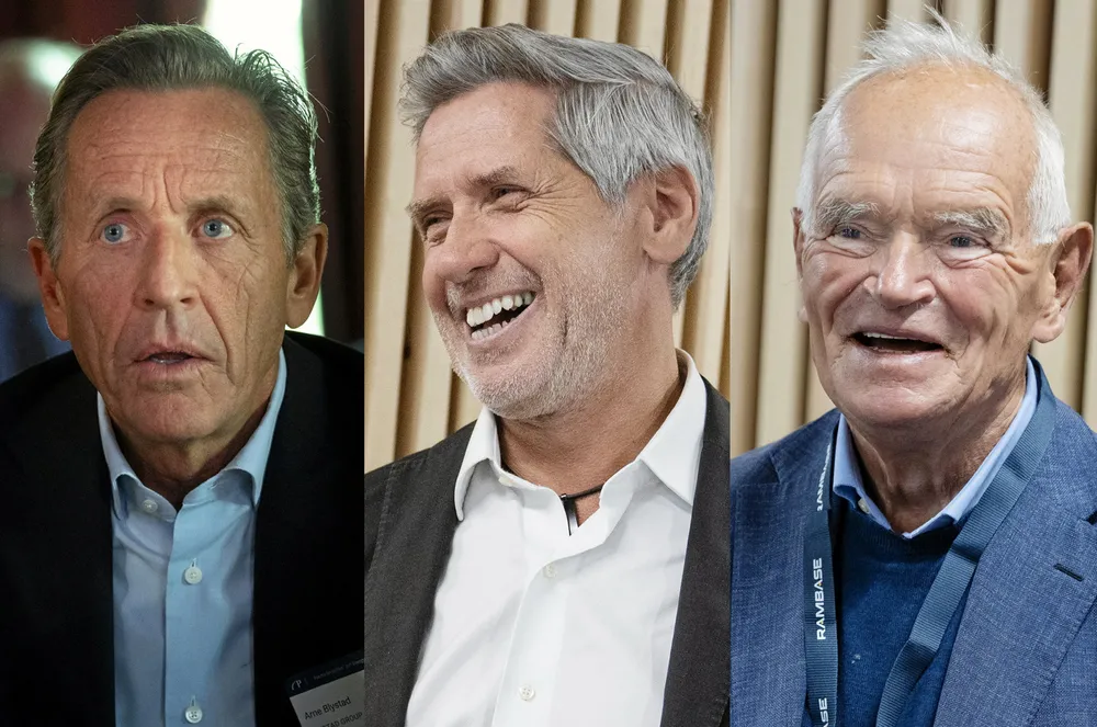 Arne Blystad (til venstre) kjøper aksjer i Norsk Kjernekraft AS, der Jonny Hesthammer er gründer og Trond Mohn største eier.