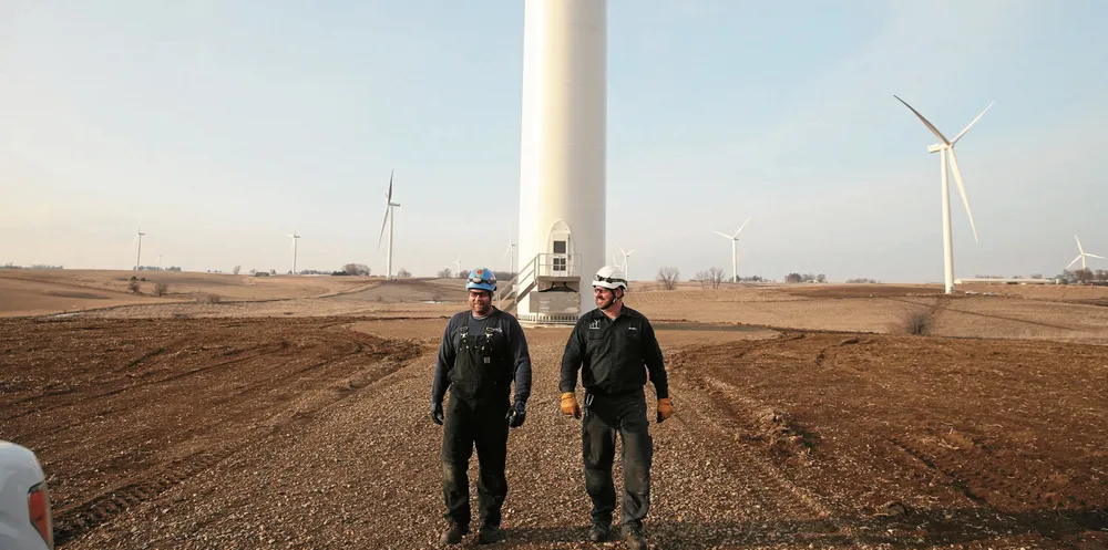 Siemens Gamesa wind turbine technicians at a wind farm in Texas, US