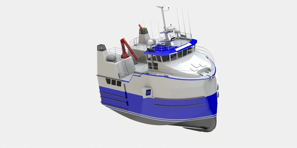 Seiglas nye «Seigur 1500XWW-Liberty» som er 15 meter lang og 8 meter bred og utstyrt med Mustad autolinesystem med 50.000 kroker. Illustrasjon: Seigla