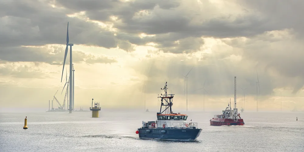 Wind Farm Fryslân on the Dutch Ijsselmeer Lake during construction