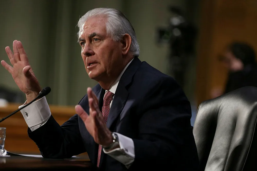 Tidligere ExxonMobil-sjef Rex Tillerson, og påtroppende utenriksminister i USA hvis han blir godkjent, ble utspurt i Senatet tirsdag Foto: Alex Wong/Getty Images/AFP/NTB scanpix