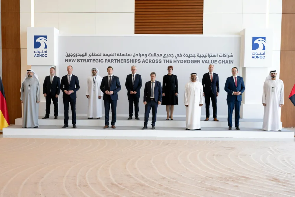 Partnering: Adnoc's Khaled Salmeen,Germany's Federal Minister for Economic Affairs and Climate Protection Robert Habeck and Uniper COO Niek den Hollander participate in talks