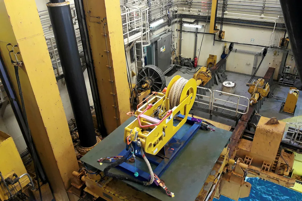 Ready: a tensioner component of the wellhead fatigue mitigation system sits in the moonpool before installation