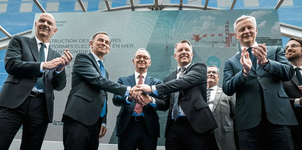 From left: Roland Lescure, Minister Delegate for Industry & Energy, Laurent Castaing, Managing Director of Chantiers de l'Atlantique, Xavier Piechaczyk, Chair of RTE, Niklas Persson, Managing Director of Hitachi Energy's Grid Integration business, Bruno le Maire, Minister of the Economy, Finance and Industrial and Digital Sovereignty