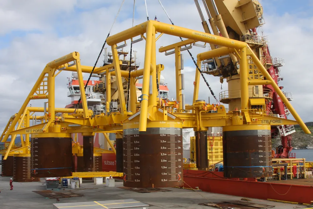 Sail away: a subsea template is loaded onto the Subsea 7 vessel Normand Oceanic for the 210-kilometre journey to the Maria field in the Halten Terrace area