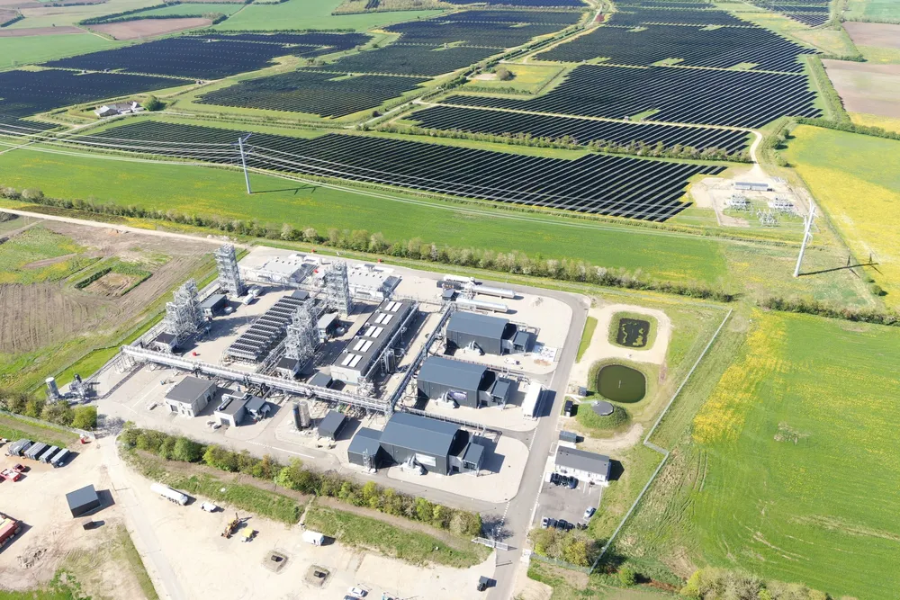 An aerial view of the completed Kassø e-methanol project and its solar farm.