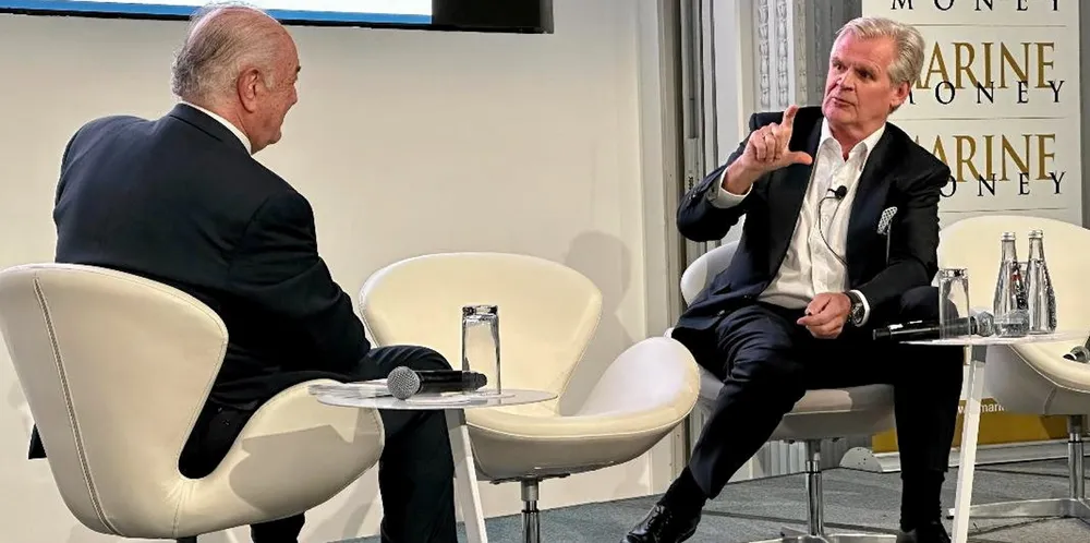 Tor Olav Troim makes a point to interviewer Michael Tusiani of Poten & Partners at this year’s Marine Money Week in New York.