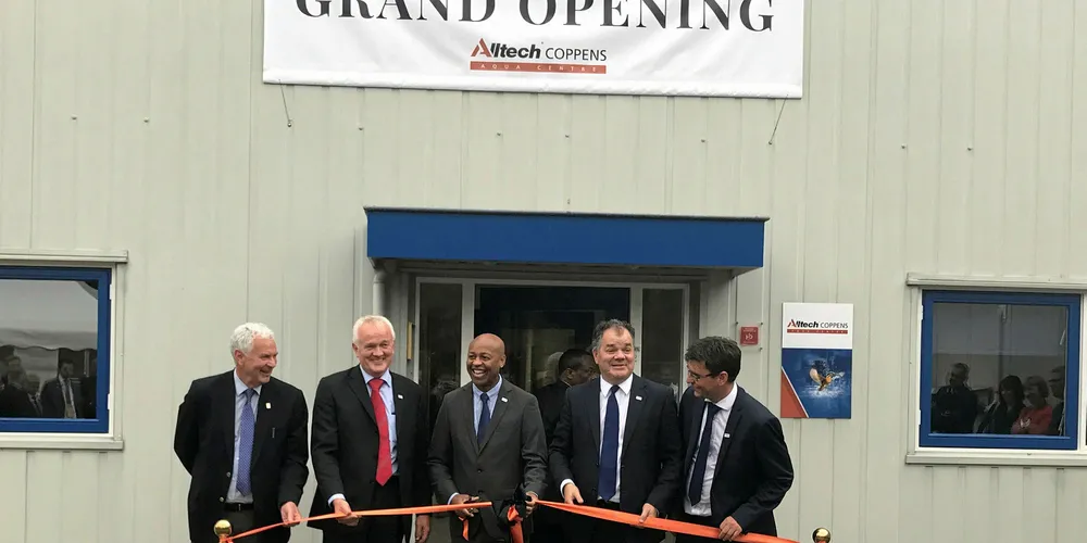 Alltech Coppens Aqua Centre reopens with ribbon cutting after extensive refurbishment. From left to right: John Sweetman, Anno Galema, Alric Blake, Patrick Charlton, Ronald Faber