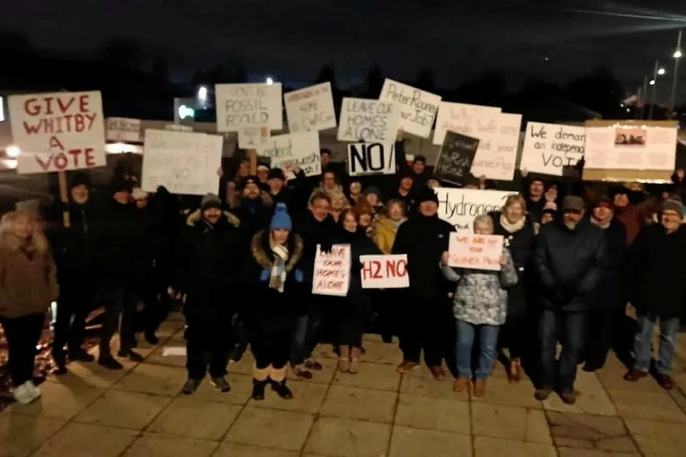 Local residents protesting outside Cadent's 'hydrogen experience centre' in Whitby.