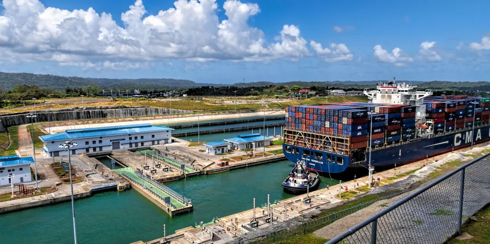 A CMA CGM container ship transits the Panama Canal in 2018. Each transit uses 200,000 cubic metres of water.