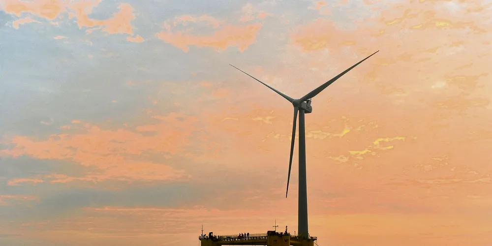 the Windfloat1 (WF1) prototype being towed to its test site in 2011