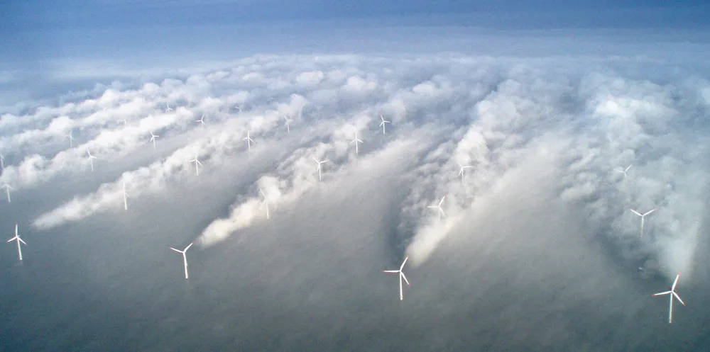 Wind wake revealed by low cloud at the Horns Rev wind farm off Denmark