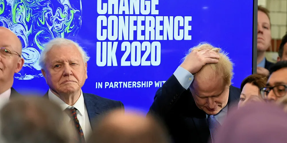 Sir David Attenborough and British Prime Minister Boris Johnson (R) attend the launch of the UK-hosted COP26 UN Climate Summit, being held in Glasgow this autumn, at the Science Museum on 4 February 2020 in London, England