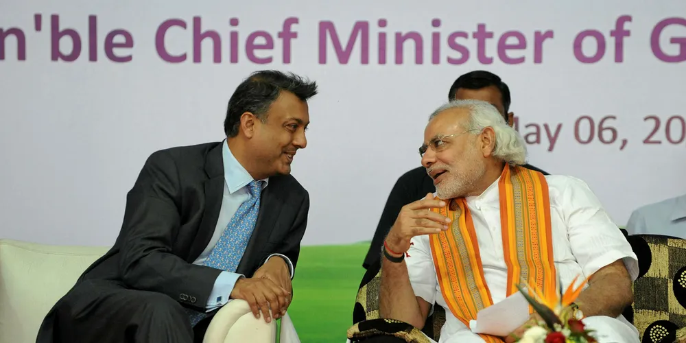 ReNew Power CEO Sumant Sinha, left with Indian Prime Minister Narendra Modi, whose government is pursuing a 175GW renewables base Pic: SAM PANTHAKY/AFP/GettyImages