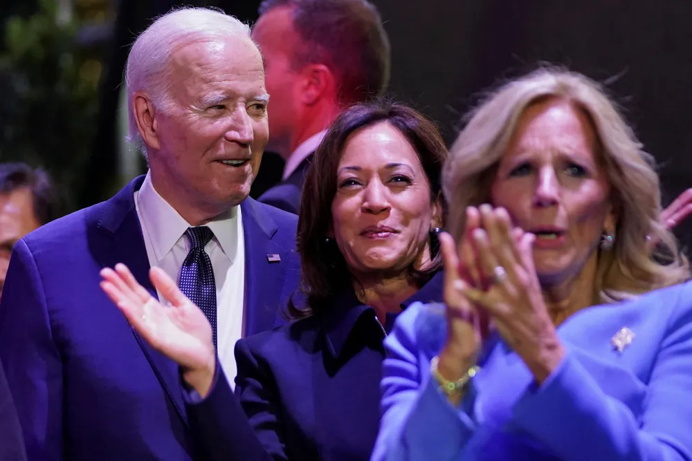 From left, US President Joe Biden, Vice President Kamala Harris and first lady Jill Biden attend a welcome reception for Asia-Pacific Economic Cooperation (APEC) leaders in San Francisco, California, on 15 November 2023.