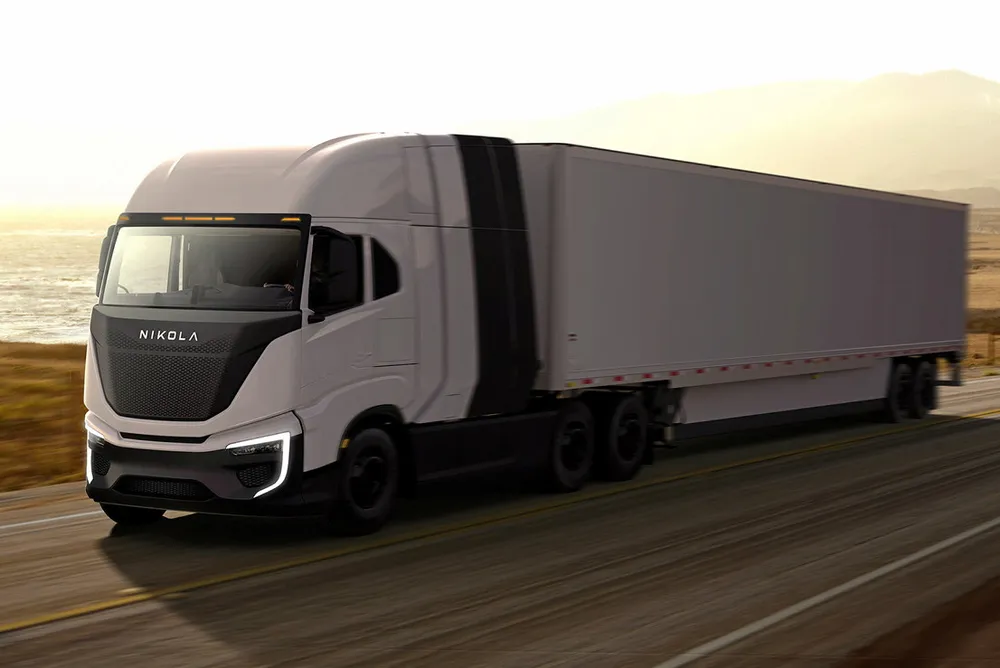 A promotional image of Nikola's hydrogen-powered Tre FCEV truck.