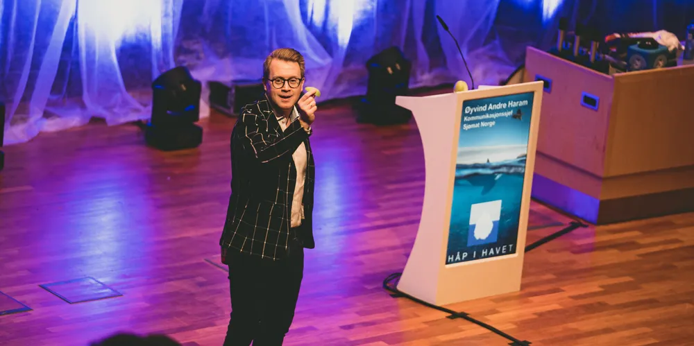 Øyvind André Haram i Sjømat Norge held ofte foredrag for å motivere folk i sjømatbransjen.