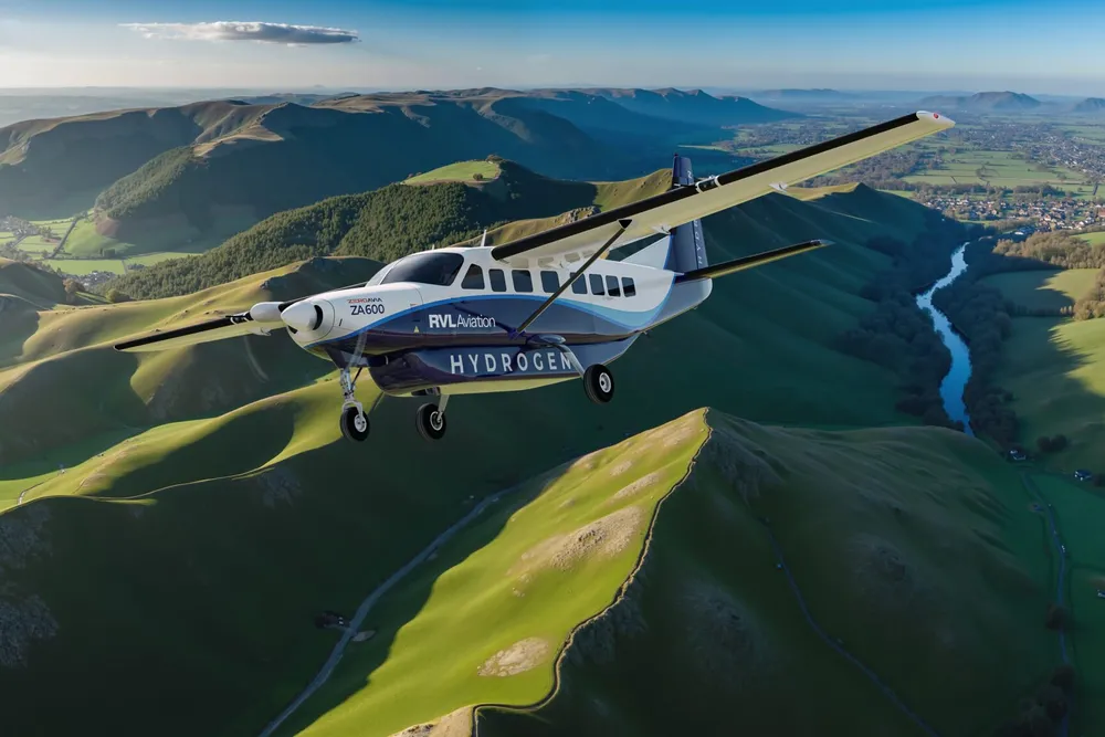 A computer-generated illustration of a Cessna Grand Caravan 208B retrofitted with ZeroAvia's technology