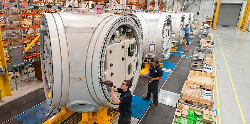 The production line at a wind turbine factory owned by Germany's Nordex.