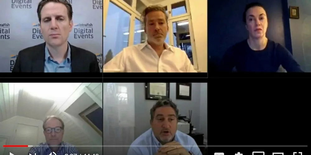 From top left, clockwise: IntraFish Editor-in-Chief Drew Cherry; Bonafide Managing Director Christoph Baldegger, Wells Fargo Senior Vice President Jana Dombrowksi; Antarctica Advisors Managing Partner Ignacio Kleiman; and Pareto Securities Senior Partner Henning Lund.