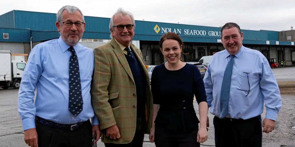 . Michael and Francis Clark, directors of Nolan Seafoods, Kate Forbes MSP and Jimmy Buchan, executive officer of Scottish Seafood Association.