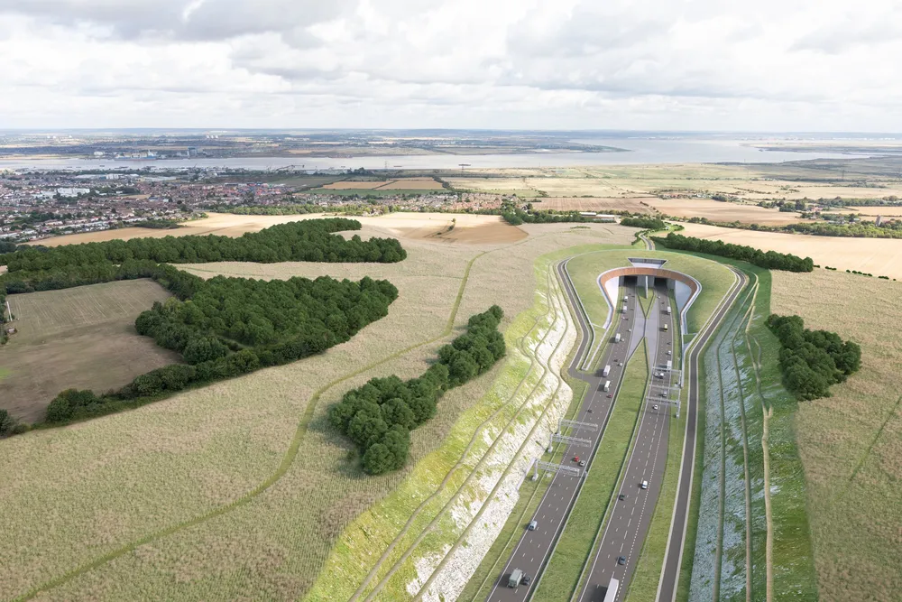 A computer-generated image of the southern tunnel entrance to the Lower Thames Crossing