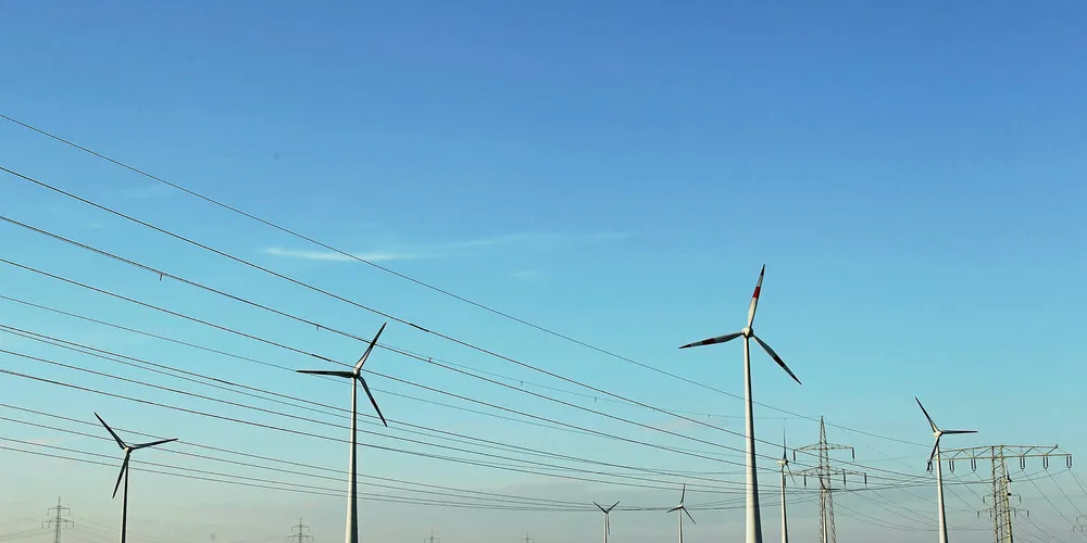 Wind turbines near high voltage power lines in Eastern Germany