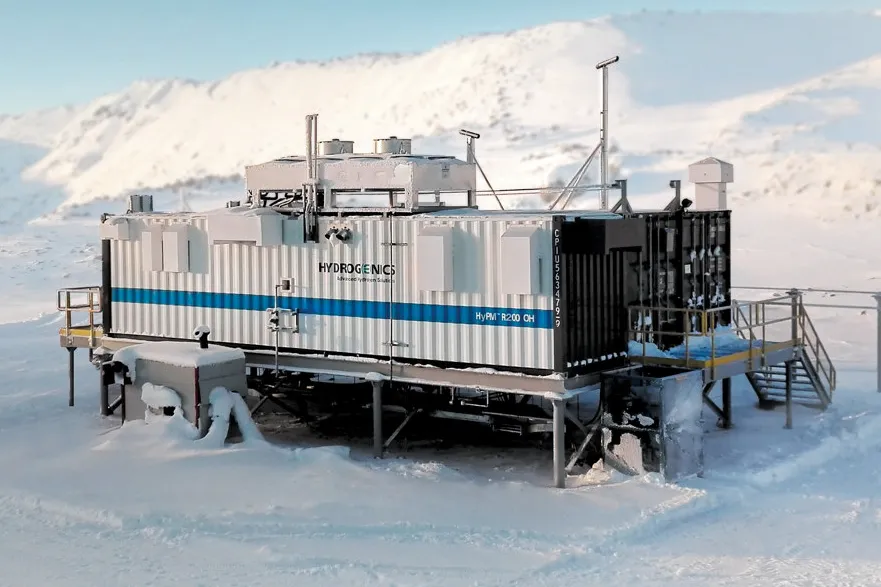 A Hydrogenics hydrogen storage loop facility, including an electrolyser and fuel cells, powered by a 3MW wind turbine, at a remote mine in northern Quebec, Canada.