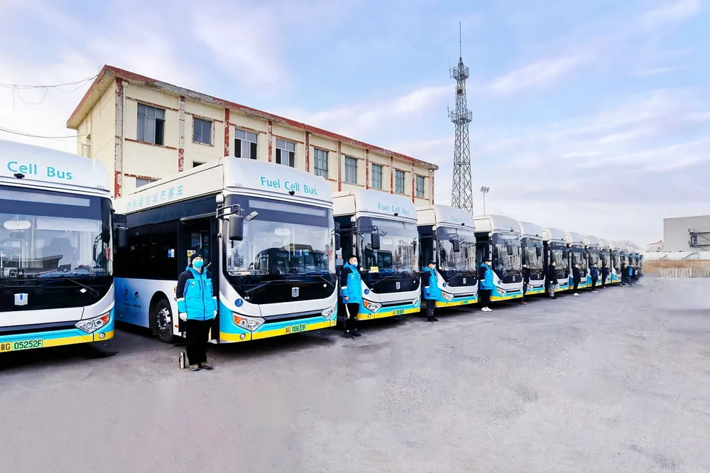 A fleet of Farizon C12F hydrogen fuel-cell buses used during the Beijing Winter Olympics in China.