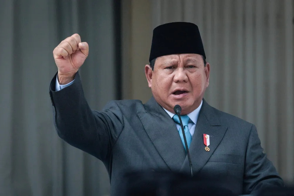 Indonesia's President Prabowo Subianto gestures as he speaks during the commemoration of Pancasila Day at the Pancasila Building in Jakarta on 2 June 2025.