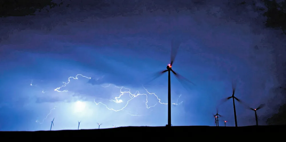 Lightning at a US wind farm. Lightning storms are a natural hazard for turbines.