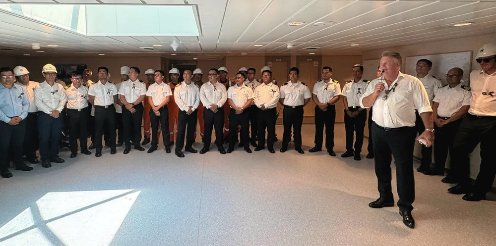 Hoegh Autoliners chief operating officer Sebjorn Dahl introduces the crew of LNG-fuelled Hoegh Aurora.