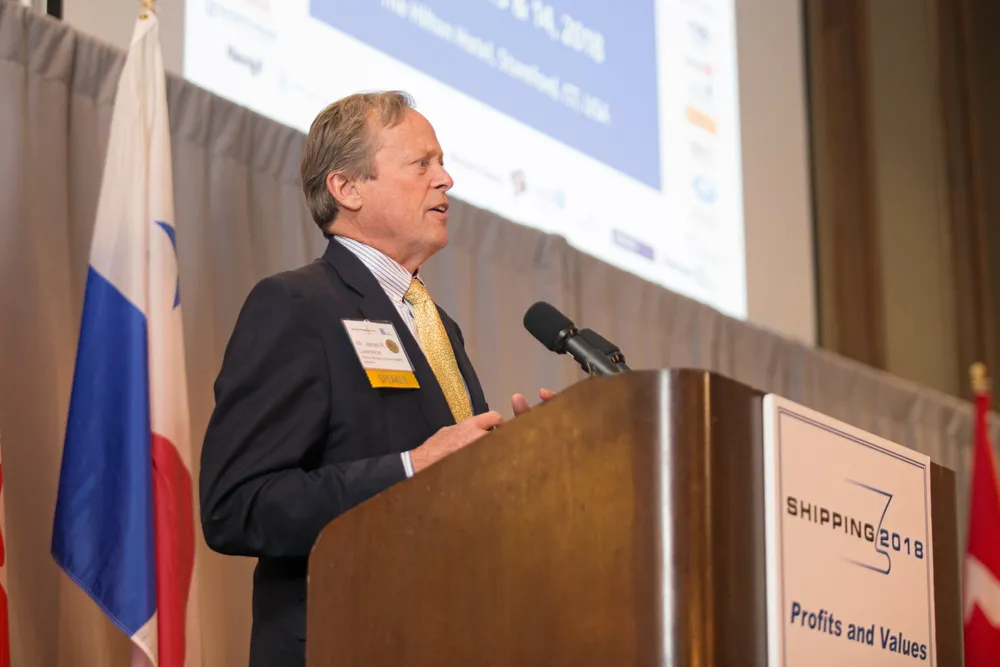 Marine Money chairman Jim Lawrence addresses a speakers’ dinner for the Connecticut Maritime Association’s Shipping conference in 2018.