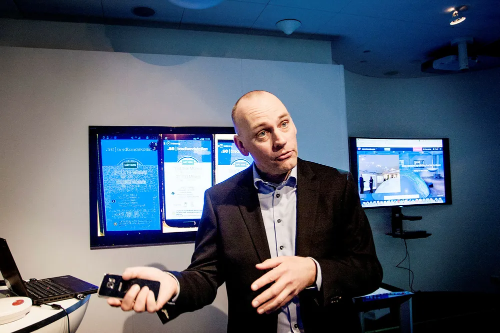 Leder for Telenor Mobil i Norge, Bjørn Ivar Moen lanserer meldingstjenesten SMS+, som gir iMessage-funksjonalitet også til andre telefoner. Foto: Jonas Blich Bakken