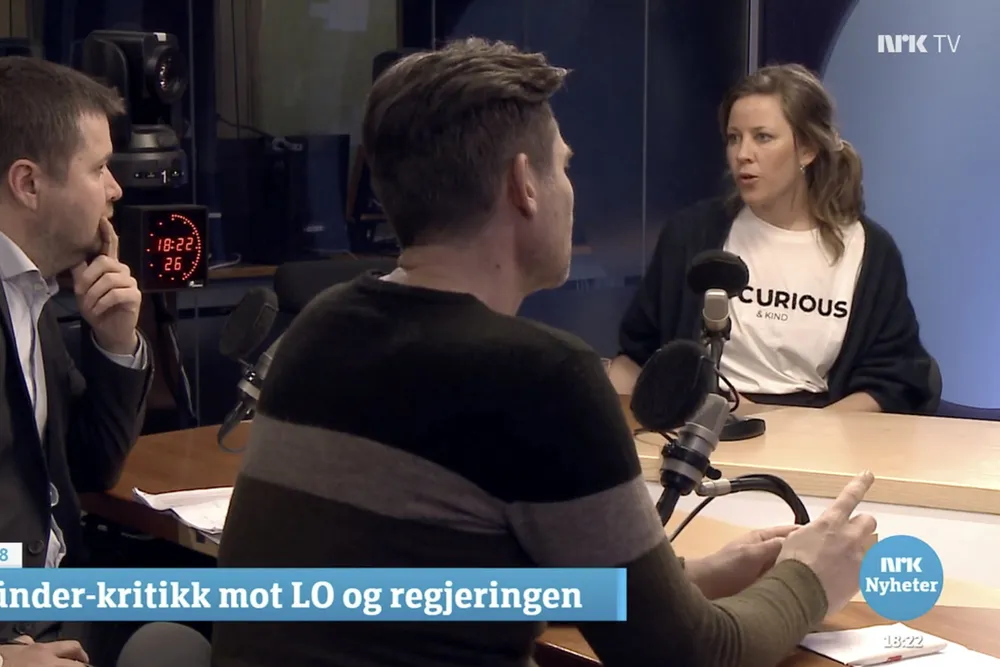 Gründer Merete Nygaards innlegg i DN onsdag ble fulgt opp av debatt i NRK «Dagsnytt 18» med Nygaard, LOs sjeføkonom Roger Bjørnstad (i midten) og Senterpartiets Geir Pollestad.