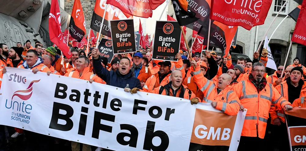 Workers from engineering firm BiFab hold a demonstration in Edinburgh in 2017 over the threat to the yard's future.