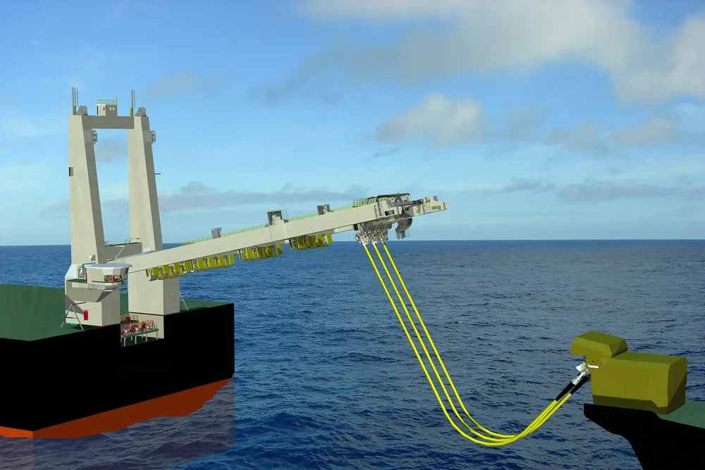 Exposed sea solution: the tandem position — with carrier moored at stern of a floating liquefaction platform — is the way ahead for offloading in exposed locations. This is the flexible pipe system from the OneSubsea and Nexans grouping